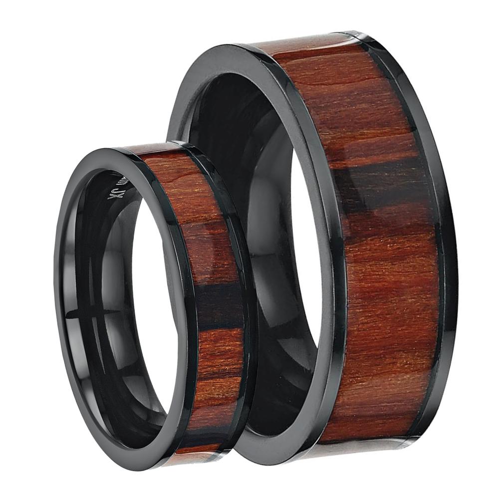 His &amp; Hers Black Titanium Wedding Ring Bands Koa Wood
