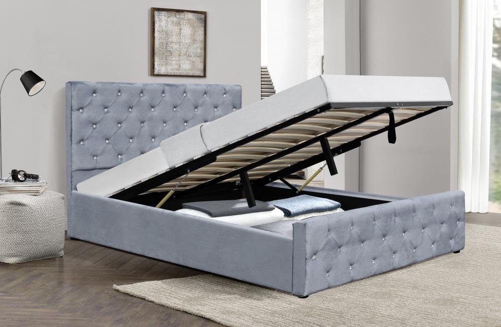 Brushed Velvet Diamante Chesterfield Ottoman Bed In Grey SINGLE DOUBLE ...