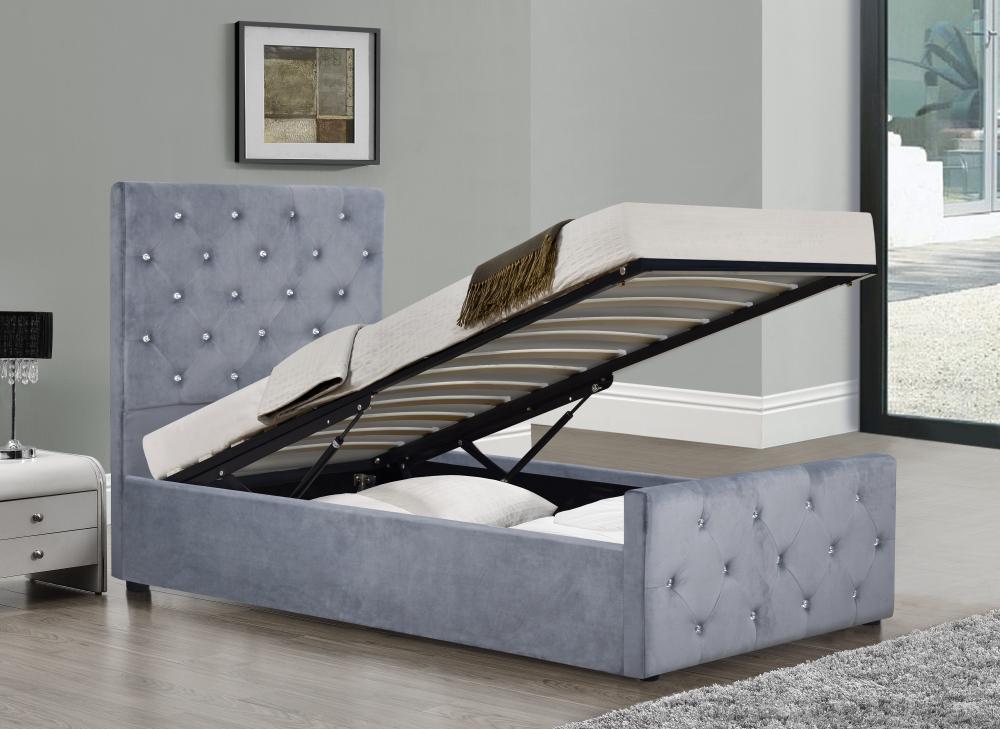 Brushed Velvet Diamante Chesterfield Ottoman Bed In Grey 