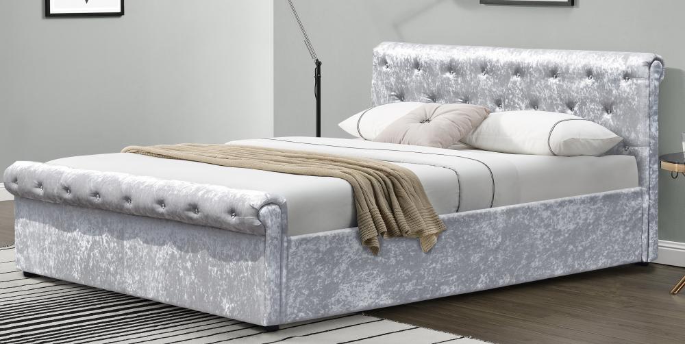 Crushed Velvet Diamante Chesterfield Sleigh Bed Frame in Silver 3FT