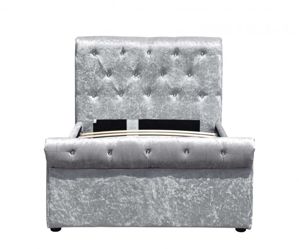 Crushed Velvet Diamante Chesterfield Sleigh Bed Frame in Silver 3FT
