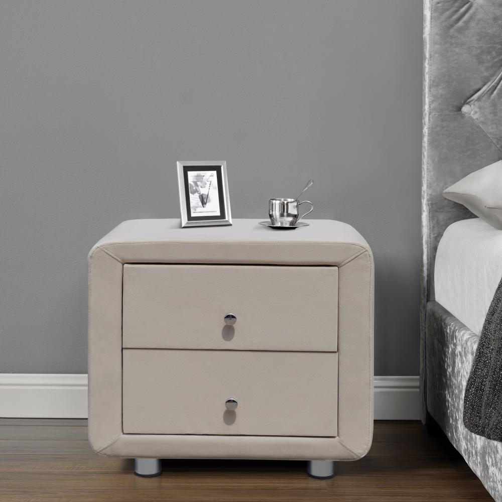 Plush Velvet 2 Drawer Bedside Tables Chrome Handles CREAM GREY DUCK EGG
