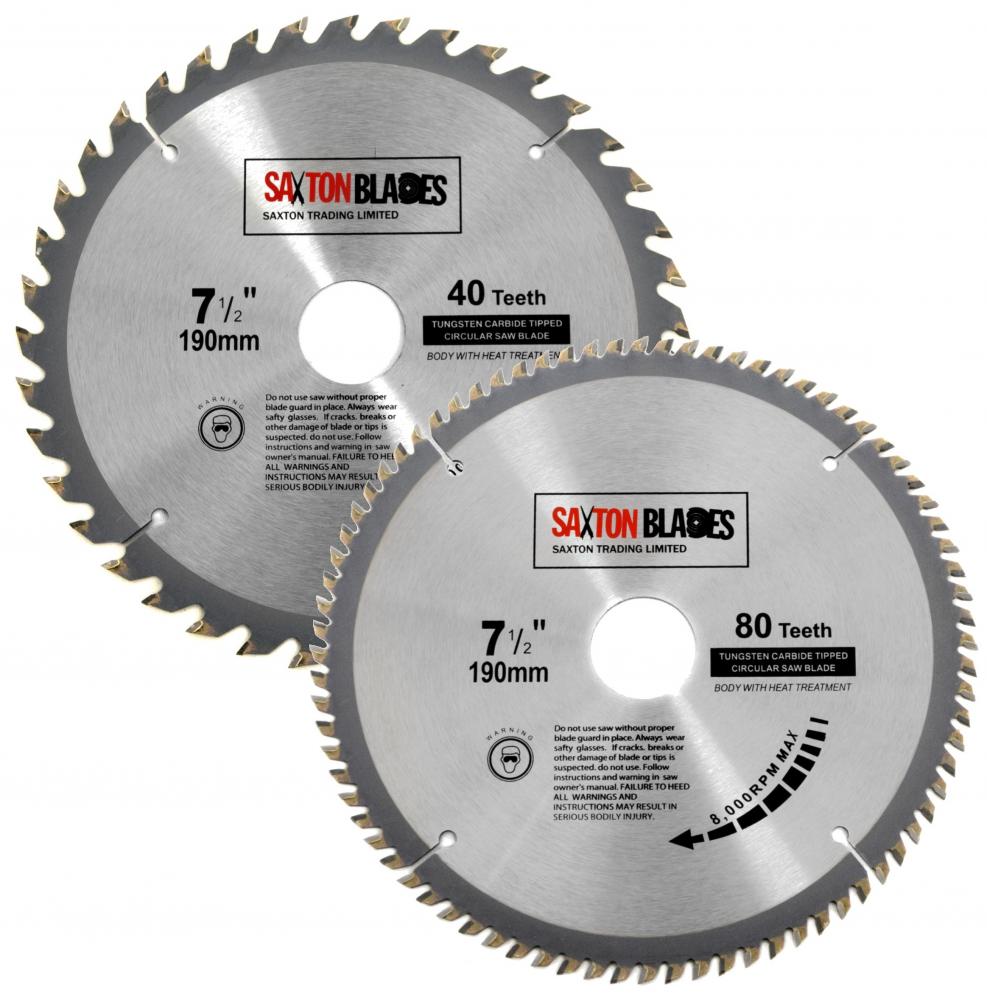 2x Saxton TCT Circular Wood Saw Blades 190mm 40 & 80T for Bosch