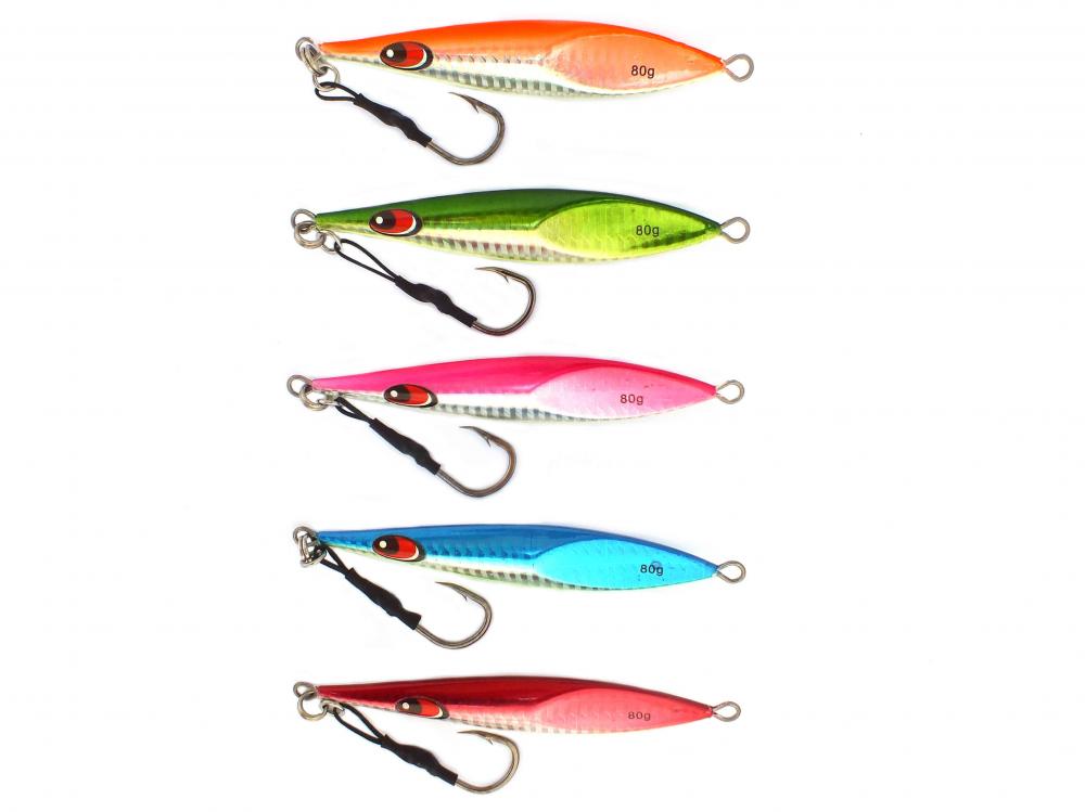 Chomp Fishing Lures Deep Water Kingfish Knife Jigs 80g x 5 Lures Fluoro