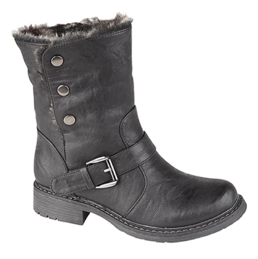 Ladies Fold Down Leather-Look Fur Lined Biker Ankle Boots. Black, Brown ...