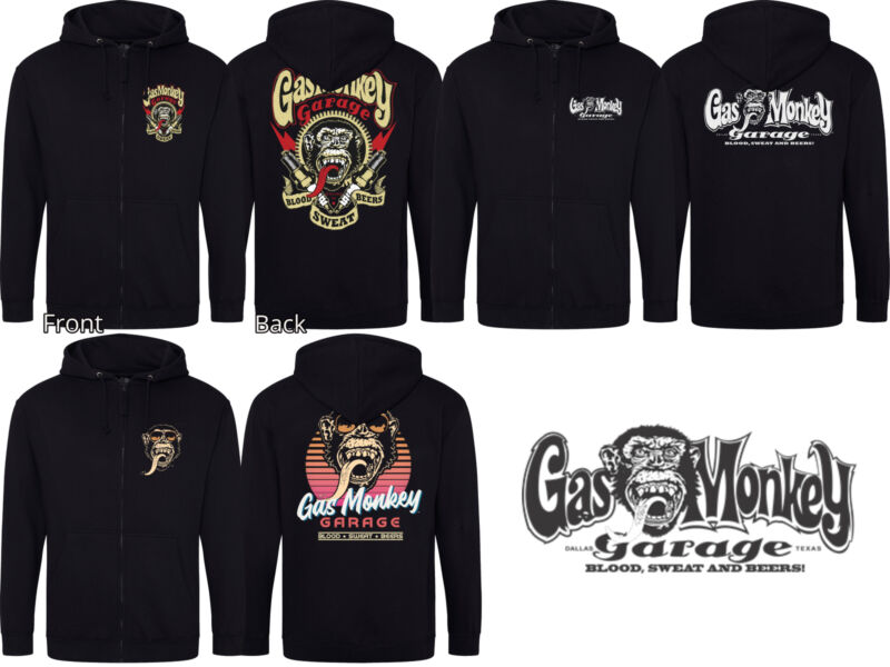 Gas Monkey Garage Hoodie Official GMG Printed Logo Graphic Zip Up