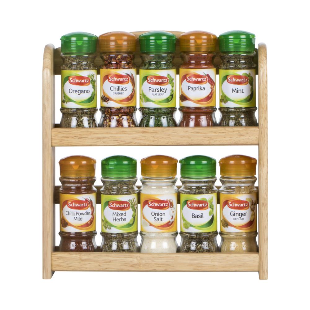 Apollo Spice Rack with 10 Filled Schwartz Spice and Herb Jars Wooden 25