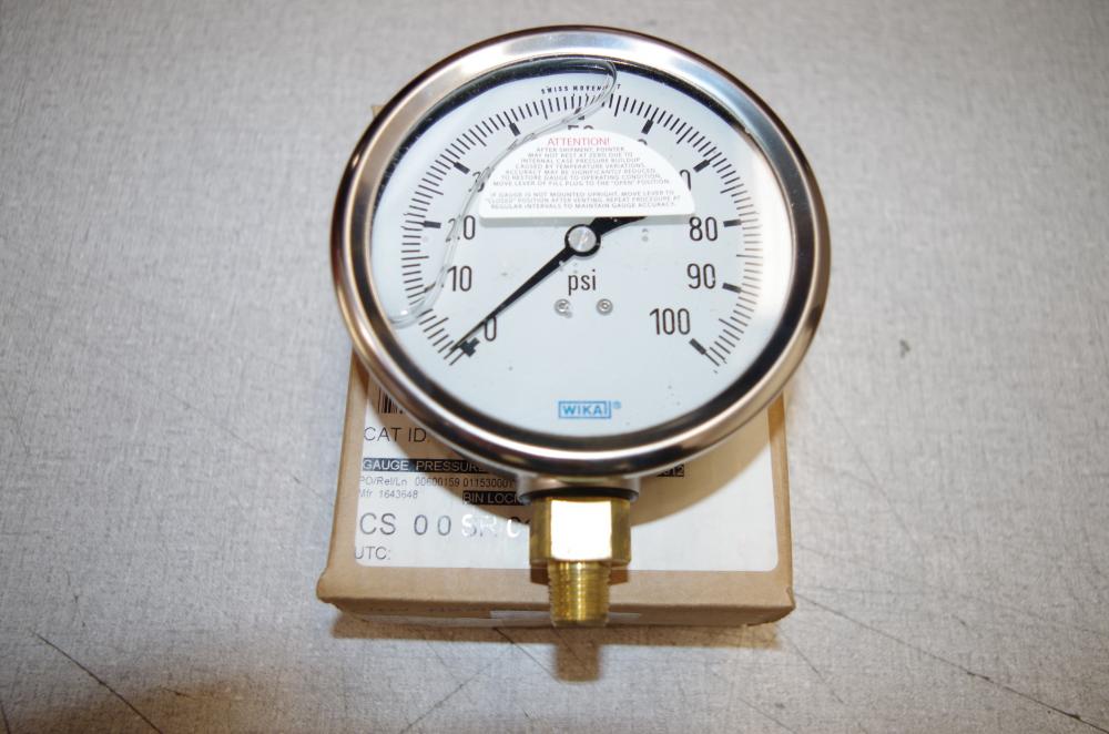 WIKA PRESSURE GAUGE RANGE 100PSI MODEL 213.53 4" 1/4" NPT LIQUID